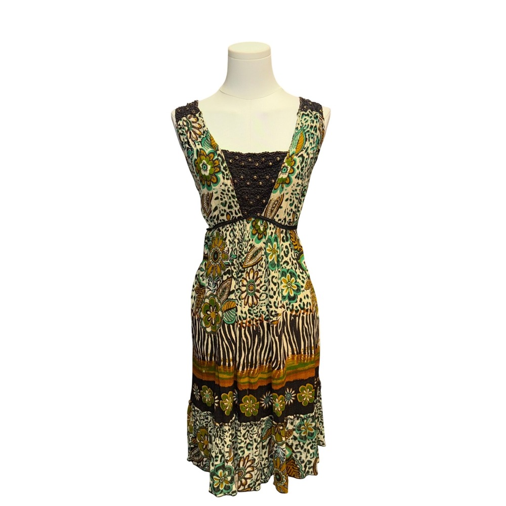 Forbidden Midi Dress Womens XL Green  Floral Animal Print Good Crochet boho bead